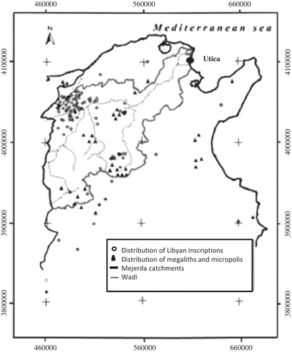 Fig. 1 Archeological investigations in the analysed Mejerda catchment. After DGRE (Citation1983) and Lepelly and Dupuis (Citation1999).