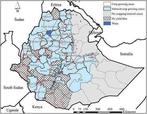 Figure 3. The spatial locations of selected crop growing zones (light blue). The red broken line shows the crop growing area of each crop growing zone (adapted from Tadesse et al. Citation2015).