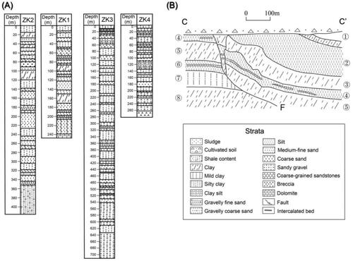 Figure 13. (A) Quaternary stratum histogram. ZK1, ZK2, ZK3 and ZK4 are at both sides of the Sunhe–Nankou and Shunyi–Liangxiang Faults in Figure 12 (Bai et al. Citation2014, Citation2018). The quaternary sediments in ZK2 and ZK3 are much thicker than those in ZK1 and ZK4. (B) Exploratory trench section map along profile CC′ perpendicular to Huangzhuang–Gaoliying Fault in Figure 12 (Zhang et al. Citation2016).