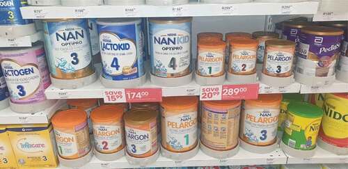 Figure 2. Price reductions and shelf wobblers drawing attention to infant, follow-up, and growing-up formulae at a pharmacy in Cape Town (Mother of an 18-month-old child, MD-C2).