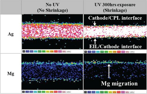 Figure 7. EDS data of the Mg:LiF (1:1, 2 nm) / Ag:Mg (10:1, 16 nm) / NPB (60 nm) cathode unit before and after UV irradiation. Reproduced from Ref. [Citation90].