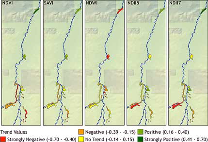 Figure 5. Spectral index trends from 1984 to 2011 showing the variability of trends. For any particular index, trends are highly variable between different cienegas ranging from strongly negative to strongly positive. Accounting for NDWI values being inversely related to the other indices, for any particular cienega the trends are much less variable, differing only in terms of degree. Cienega polygons are represented larger than actual size in order for all cienegas to be clearly visualized.