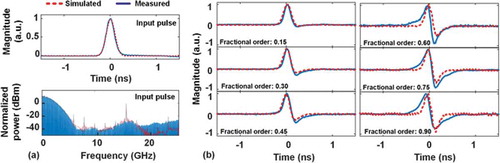 Figure 18. Simulated and measured RF Gaussian pulse output temporal intensity waveform after the fractional differentiator