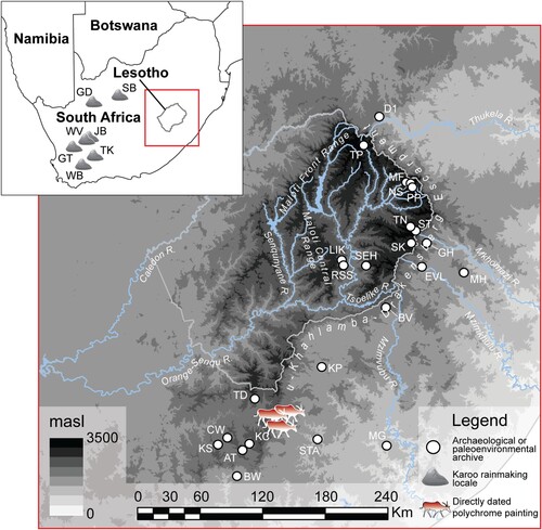 Figure 1. Map of southern Africa and Maloti-Drakensberg region with key sites/locales discussed in text or with Neoglacial-aged deposits. AT: Athol; BV: Belleview; BW: Bonawe; CW: Colwinton; D1: Diamond 1; EVL: eMvuleni; GD: Grootdrink; GH: Good Hope; GT: Groot Toren; JB: Jagersberg; KC: Kilchurn; KP: Kenegha Poort; KS: Kopshoring; LIK: Likoaeng; MF: MG: Mpongweni; Mafadi Summit; MH: Mahwaqa; PP: Popple Peak; NS: Njesuthi Summit; RSS: Rain Snake Shelter; SB: Strandberg; ST: Sani Top; SEH: Sehonghong; SK: Sekhokong; STA: Strathalan A; STB: Strathalan B; TK: Tierkloof; TN: Thabana Ntlenyana; TD: Tiffindell; TP: Tlaeeng Pass; WB: Wittberg; WV: Waterval.