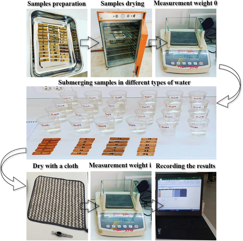 Figure 2. Materials and equipment for experimentation used to assess the water absorption behavior of CDPF.
