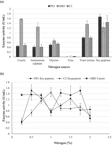 Figure 7. Optimum (a) nitrogen source and (b) nitrogen concentration for the optimal production of β-glucosidase by isolates (C2) Neofusicoccum parvuma, (MB5) Neofusicoccum parvumb, and (PS1) Chaetomella sp. using the crude enzyme extracts and 4-nitrophenyl-β-D-glucopyranoside as substrate at OD410 nm (Mean ±SD, N = 4).