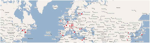 Figure 6. Locations of the selected cities marked on Google Maps (Google Maps, Citation2019)