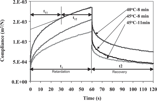Figure 2 Viscoelastic behavior performed at ambient temperature using a stress creep procedure.
