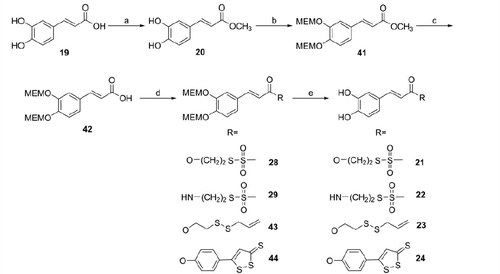 Scheme 3. Reagents and conditions: (a) H2SO4 (cat.), MeOH, reflux, 2 h; (b) NaH, MEM-Cl, anh. THF, 0 °C, 5 h; (c) 5 N NaOH, THF/MeOH (4:1), 40 °C, 3 h; (d) RH (1, 3–5), DCC or EDAC (for 29), DMAP, anh. THF or CH2Cl2 or CHCl3, 4–20 h, r.t.; (e) TFA, anh. CH2Cl2 or CHCl3, 5–8 h, r.t.