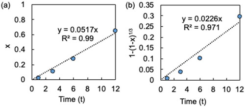 Figure 4. Kinetic plots for rate-limiting steps, corresponding to (a) diffusion and (b) surface chemical reaction.