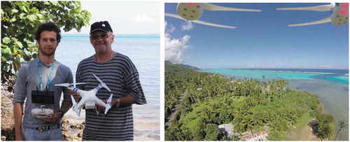 Figure 3. Phantom-3 drone (used in archeological applications at Moorea Island, French Polynesia (left) and Oblique drone image over an archeological temple site (right)
