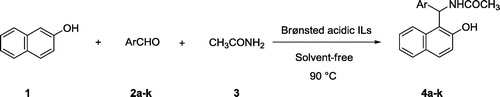 Scheme 1. Synthesis of amidoalkyl naphthols catalyzed by Brønsted acidic ILs.
