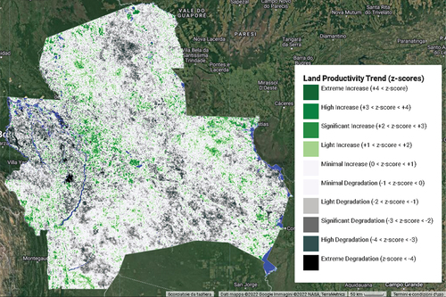 Figure 9. Spatial distribution of ANPP Sen’s slope trend significance in Santa Cruz, Bolivia (2001–2020).