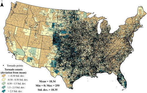 Figure 1. Tornado counts in the contiguous United States for storms occurring between 1950 and 2015. Counts have been aggregated per county and symbolized showing standard deviation from the mean. Source: Author