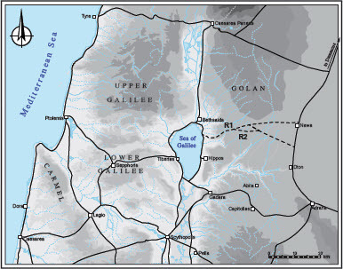 Fig. 1: The Roman road system in the Galilee and southern Syria; the roads under study are marked with a dashed line (prepared by I. Ben-Ezra based on a map prepared by A. Pazout)