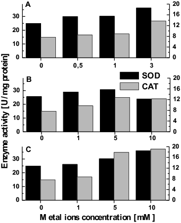 Figure 4. Antioxidant response of T. cutaneum R57 against metal-induced stress (A) Cu, (B) Cr, and (C) Cd.