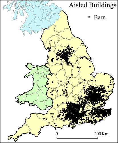 Figure 7. Distribution of aisled barns (2,122 buildings plotted)