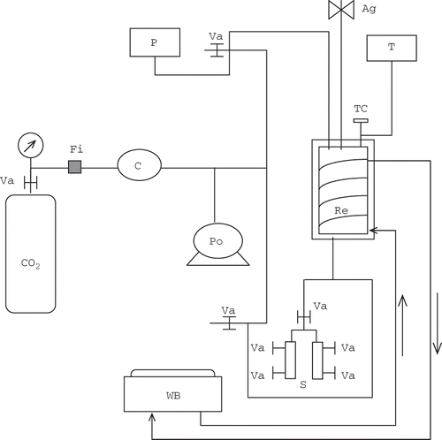 Figure 1 Apparatus used for treatments. Re: reactor; Ag: agitation; Po: pomp; C: compressor; WB: water bath; P: pressure indicator; T: temperature indicator; S: sampling; Fi: filter; Va: valves.