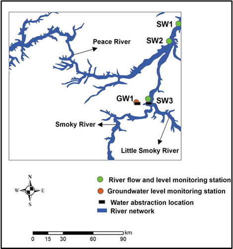 Figure 2. Surface water monitoring stations in the study area. Only one groundwater monitoring well is shown here as a water abstraction location for hydraulic fracturing.
