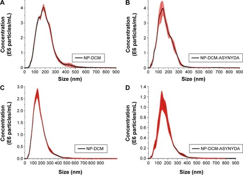 Figure 4 Size distribution of fluorescent polysaccharide NPs.Notes: (A and B) Size distribution of NP-DCM and NP-DCM-ASYNYDA before lyophilization; (C and D) size distribution of NP-DCM and NP-DCM-ASYNYDA after rehydration. (NanoSight measurements).Abbreviations: DCM, 4-(dicyanomethylene)-2-methyl-6-(4-dimethylaminostyryl)-4H-pyran; NP, nanoparticle.