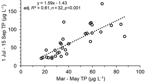 Figure 7. July to mid-September total phosphorus (TP) concentrations in Littoistenjärvi in 1992–2023 relative to the spring TP level (Mar–May).