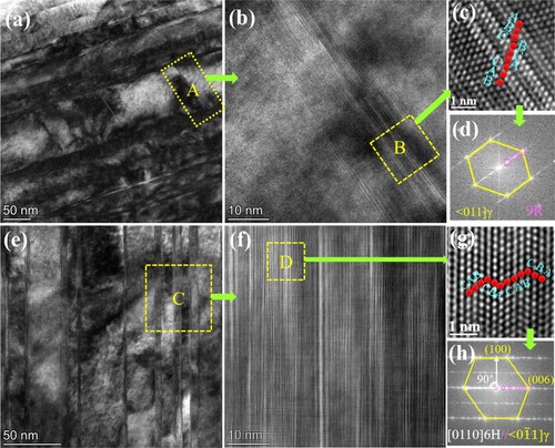 Figure 4. Deformation mechanism of LM3: (a) BF-TEM image exhibits fine bundles perpendicular to the lamellar interface; (b) HRTEM image of the Area-A in (a); (c) high-magnification HRTEM image of the Area-B indicates a 9R stacking sequence; (d) FFT pattern of (b); (e) BF-TEM image shows the deformed microstructure of HT3-ed alloys without dislocations or twins; (f) HRTEM shows the multiple nanometer-sized LPSO bands; (g) high-magnification HRTEM image of the Area-B revealing a 6H-LPSO stacking sequence; and (h) FFT pattern reveals 6H-LPSO diffraction spots.