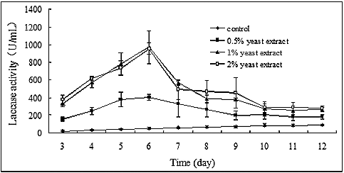 Figure 3. Effect of yeast extract concentration on laccase production in P. ostreatus (ACCC 52857).