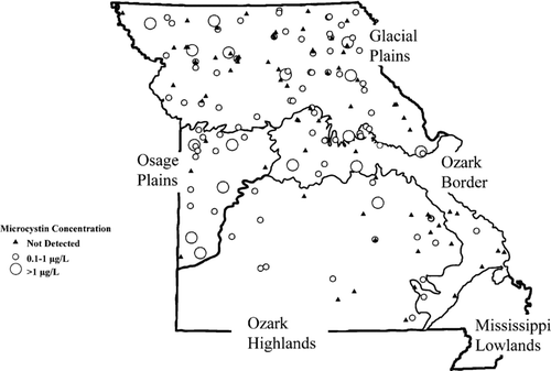 Figure 1 Physiographic location of reservoirs sampled in Missouri and total microcystin occurrence and concentration.