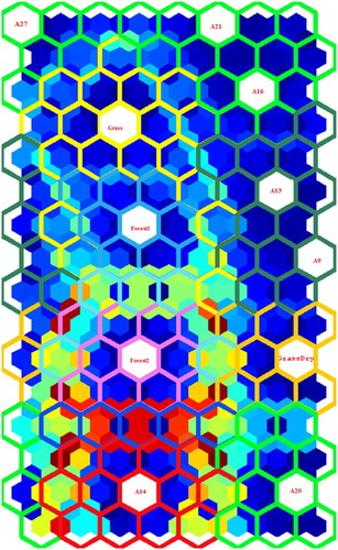 Figure 6. Clustering in the universal-distance matrix of SOM results. Individual clusters agree with the seven component types validating the stochastic SOM training process. Soil components: a) clay-rich Latosols (A16), (b) iron-rich Nitisols (A14), (c) quartz-rich Arenosols (A9); Vegetation components: (d) Forest 1 (Aspen), (e) Forest 2 (Blackbrush), (f) grass, and (g) dry grass. Individual clusters agree with the seven independent component types thereby validating the stochastic SOM training process.