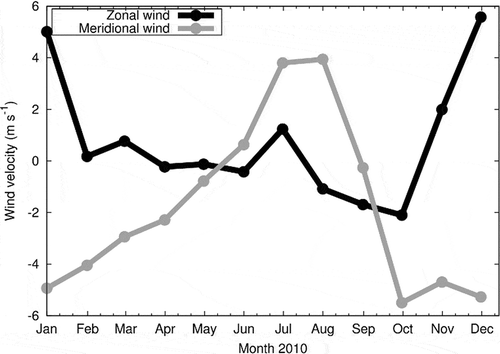 Figure 5. Monthly mean zonal and meridonal wind velocities at surface in the model.