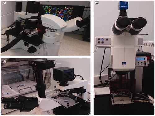 Figure 6. AMF-mediated nanoactuation set-up (planar coil) mounted onto different types of microscope. (A) Leica inverted florescence microscope, (B) Brunei inverted optical microscope, and (C) Zeiss upright microscope.