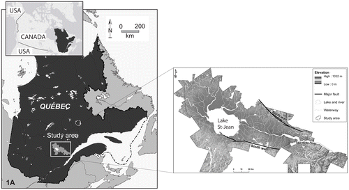 Figure 1. Location of the Saguenay-Lac-Saint-Jean region and its principal physiographic features. The delineation of the study area is based on municipal boundaries.