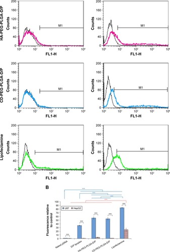 Figure 7 Transfection and confocal microscopic images of naked pDNA, D/P lipoplex, HA-PEG-PLGA-D/P NPs, CD-PEG-PLGA-D/P NPs, and lipofectamine.Notes: (A) Flow cytometric analysis indicating intracellular fluorescence intensity in CD44-negative HepG2 cells and CD44-positive U87 cells (black lines indicate control and color lines indicate different formulations). (B) Transfection in terms of MFI values in CD44-positive U87 cells and CD44-negative HepG2 cells for 12 hours by flow cytometric analysis (n=3, ***p < 0.001). (C) Confocal microscopic images of intracellular uptake in CD44-positive U87 cells (400× magnification).Abbreviations: CD, chondroitin sulfate; D/P, 1,2-dioleoyl-3-trimethylammonium-propane/pDNA; HA, hyaluronic acid; MFI, mean fluorescence intensity; NPs, nanoparticles; PEG, poly(ethylene glycol); PLGA, poly(D,L-lactide-co-glycolide).