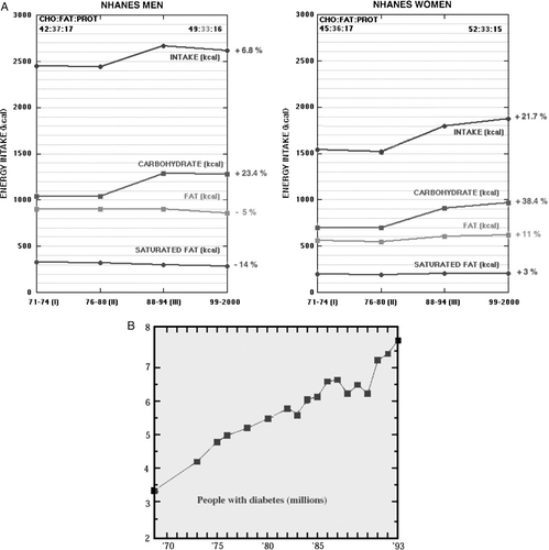 Figure 1.  Nutrient consumption in the United States. National Health and Nutrition Education Study (NHANES). Data from reference Citation6. B. Incidence of diabetes in the United States. Data from Centers for Disease Control and Prevention (http://www.cdc.gov/diabetes/statistics/incidence/fig2.htm)