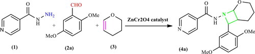 Scheme 1. Model reaction for synthesis of N-(7-(2,5-dimethoxyphenyl)-2-oxa-8-azabicyclo[4.2.0]octan-8-yl)isonicotinamide derivatives (4a).