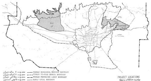 Figure 10. The map shows the location of two new satellite towns, Kan and Lavizan.Source: Abdolaziz Farmanfarmaian and Associates, “The New City of Lavizan.”