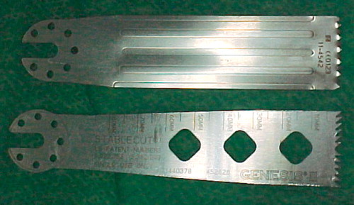 Figure 1. The two types of oscillating saw blades used in the study. Top: non-conventional with ridges; bottom: conventional.