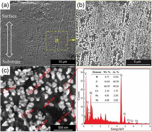 Figure 4. Microstructure of the UEPD coating: (a) cross-sectional view of the coating and (b) magnified BSE image for the marked region B; (c) BSE image showing the bright particles and the EDS for the marked particles.