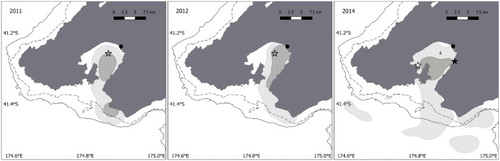 Figure 2. Inter-annual variability of Wellington penguins foraging areas between 2011, 2012 and 2014. The light grey area represents the home range (95% UD), the dark grey the focal area (50% UD). Study colonies are shown by stars: grey for Matiu/Somes Island, white for Balaena Bay and black for Days Bay. The black circle shows the Hutt River mouth. The dashed line is 50 m bathymetric contour; the solid line is 100 m.