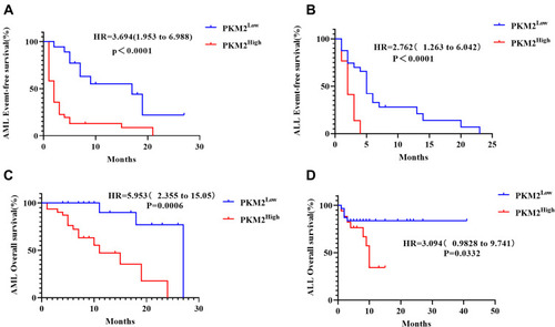 Figure 4 Survival curves of AML and ALL patients. According to survival analysis, the EFS and OS of acute leukemia patients with high PKM2 expression were significantly lower than those with low PKM2 expression. (A) The EFS of AML patients with high PKM2 expression were significantly lower than those with low PKM2 expression (p<0.0001). (B) The EFS of ALL patients with high PKM2 expression were significantly lower than those with low PKM2 expression (p<0.0001). (C) The OS of AML patients with high PKM2 expression were significantly lower than those with low PKM2 expression (p=0.006). (D) The OS of ALL patients with high PKM2 expression were lower than those with low PKM2 expression (p=0.0332).