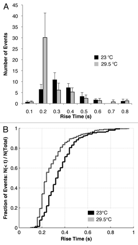 Figure 4. The walking speed of distinct fly population can be quantified by discrete and overall estimates of the rise time. The histogram comparison (A) shows that the differences between flies maintained at 23°C and 29.5°C segregate at particular rise times (0.2–0.3 sec). The cumulative distribution function (B) shows overall differences in rise time between the two populations, by comparing the fraction of events in each group against the total number of events. 29.5°C flies move faster (shorter rise time) than 23°C flies (longer rise time).