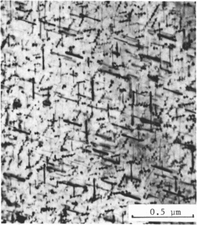 8 TEM micrograph showing both acicular and circular precipitates formed by neutron irradiation of W–11Re at 1173 KCitation41