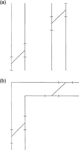 Figure 5. The (a) Poggendorff and (b) “corner Poggendorff” figures in which equal distances on both sides of the points of intersection of the oblique lines with the parallel lines are marked by short cross-lines to show the differences in apparent distances in the acute and obtuse angles