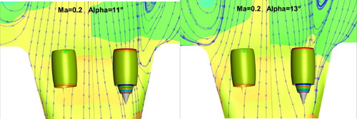 Figure 17. Near the engine surface limiting streamlines and pressure contour of FTN with WPN configurations at 11° and 13° (takeoff condition).