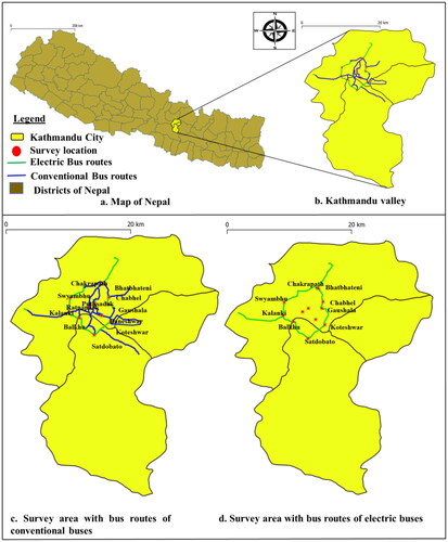 Figure 1. Study area map (a) administrative boundary of Nepal, (b) Kathmandu valley area, (c) survey area with bus routes of conventional buses and (d) survey area with bus routes of electric buses.