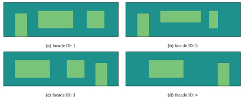 Figure 5. Overview of the considered facades with openings. All facades have the same bounding rectangle dimensions (see Figure 6).