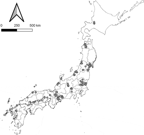 Figure 1. 228 sampling points from 16 prefectures involved in the wide-area survey