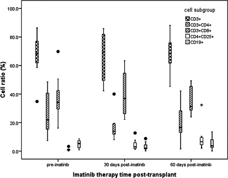 Figure 1. Lymphocyte subsets dynamic in peripheral blood after imatinib therapy in the patients underwent allo-HSCT.