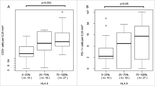 Figure 3. Distribution of specific T cell infiltration data in tumors with HLA class II antigen expression status high, intermediate or lack of or barely detectable A We observed a significant increase in overall T cell infiltration in tumors with higher HLA class II antigen expression B PDCD1 (PD-1)-positive T cell infiltration tended to increase with higher HLA class II antigen expression, but the difference did not reach statistical significance.