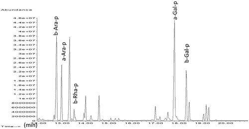 Figure 6. Chromatogram of huizache gum. Acronyms as in Figure 5.